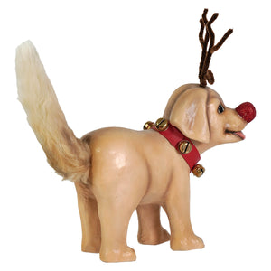 A tan resin rudolph puppy figurine by bethany lowe design with brown twig antlers red glittery nose and gold bell collar