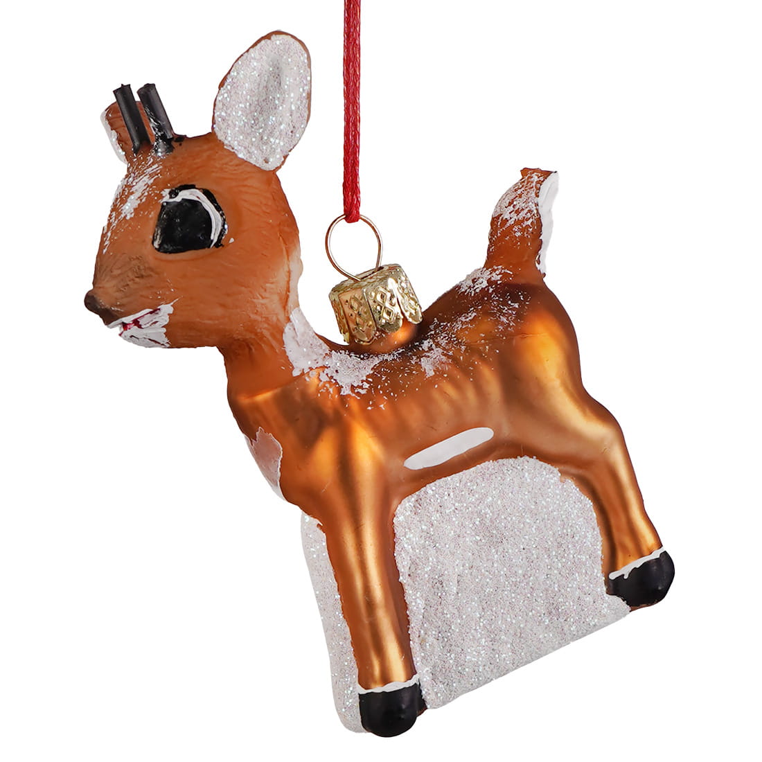 A shiny amber glass retro rudolph character ornament with white snow accents and black hooves hanging by a red string