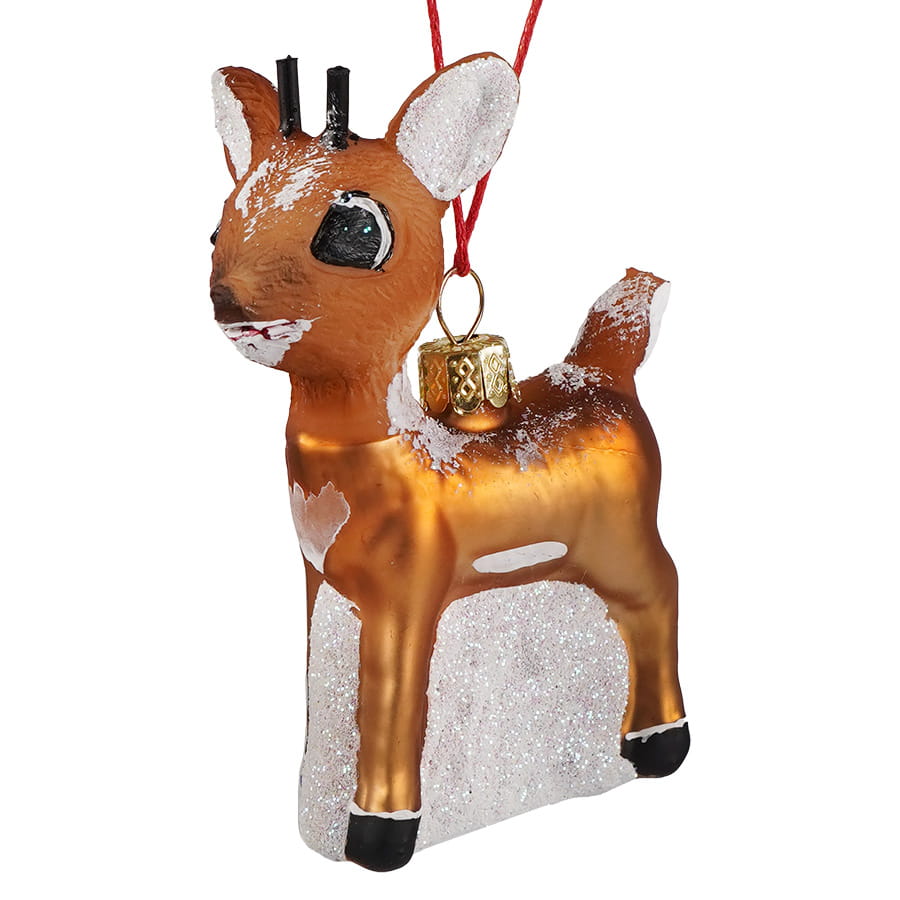 A charming retro rudolph character glass ornament with glossy golden brown body and white glittery accents
