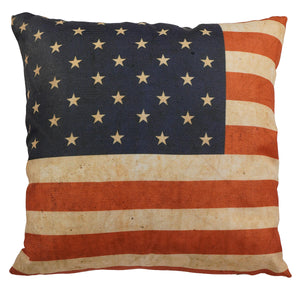 Rustic american flag pillow with vintage valentines day style faded navy blue rust red and off-white stripes on textured fabric