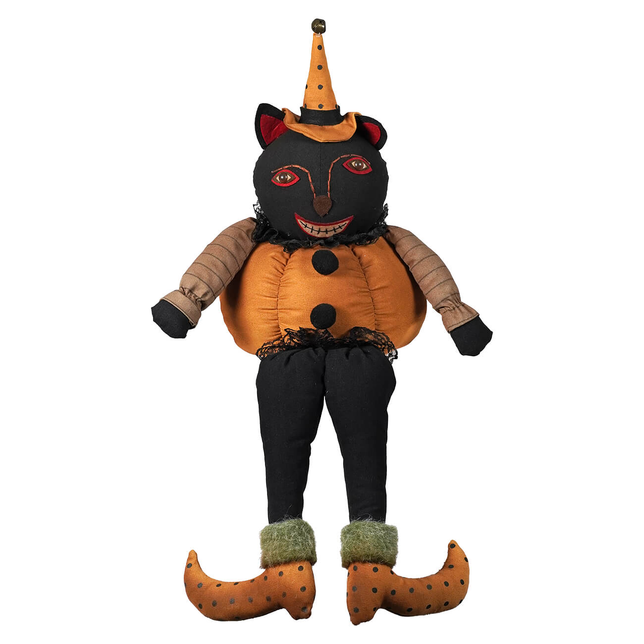 Rustic canvas black cat plush in halloween cats style with pumpkin body, pointed hat, and elf shoes