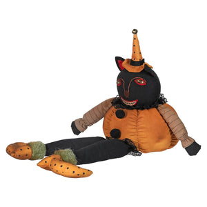 Rustic canvas black cat plush with black and orange halloween cats theme stitched face and patchwork outfit