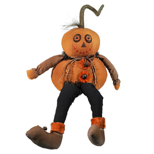 Rustic canvas pumpkin scarecrow doll with curly stem and dangly limbs perfect for halloween decor