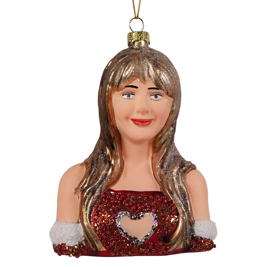 A glittery sabrina carpenter glass ornament featuring a woman with long blonde hair in a red sequined dress