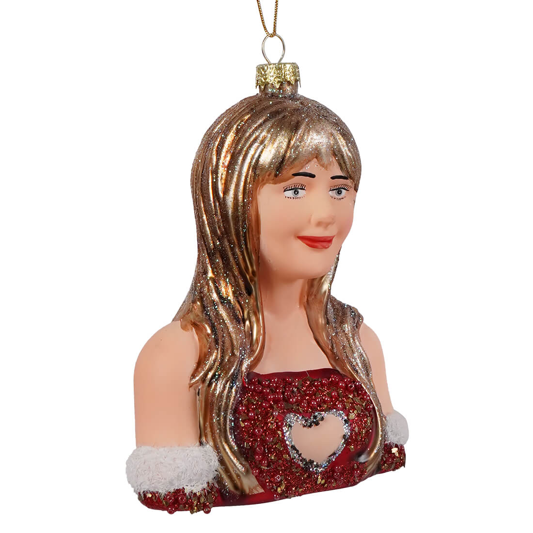 A sabrina carpenter glass ornament featuring a glittery gold-haired woman in a red sequined dress with white fur trim