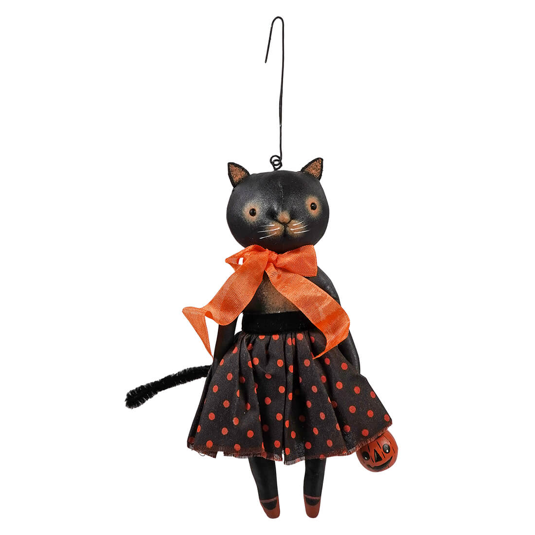 Black cat sabrina kitty ornament with orange polka-dot skirt and ribbon bow perfect for halloween ornaments