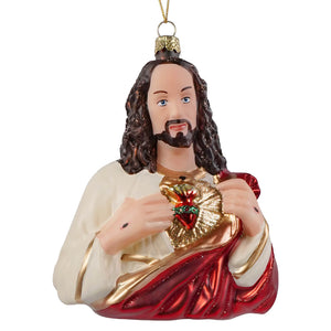 Sacred heart jesus glass ornament by cody foster with jesus holding red and gold sacred heart perfect christmas ornament