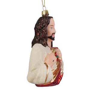 Sacred heart jesus glass christmas ornament by cody foster showing figure with dark wavy hair white robe gold trim