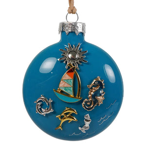 Blue glass sailing seas and seahorse breezes ornament with colorful sailboat dolphins seahorse in gold silver and turquoise enamel