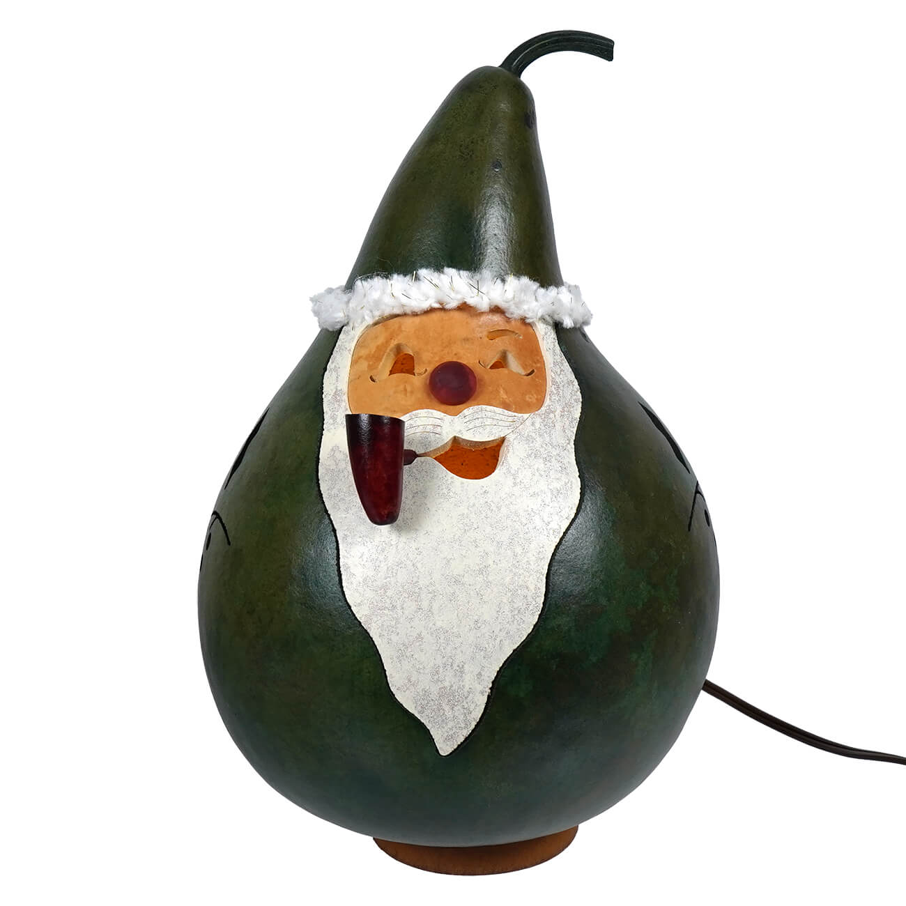Dark green lighted santa gourd with carved santa face made from painted gourd by meadowbrooke gourds