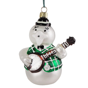 Sam the snowman retro rudolph character glass ornament translucent with black hat green plaid vest and banjo clock face