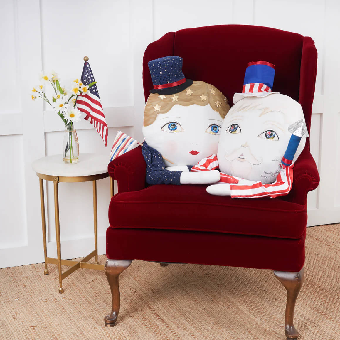 Two plush sammy baby zombinaland patriotic pillows by tracy scheff with blonde hair and red white striped attire