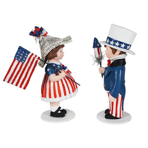 Sammy and betsy figurine set in red white and blue with american flag and sparkler from bethany lowe 30th anniversary heirloom collection