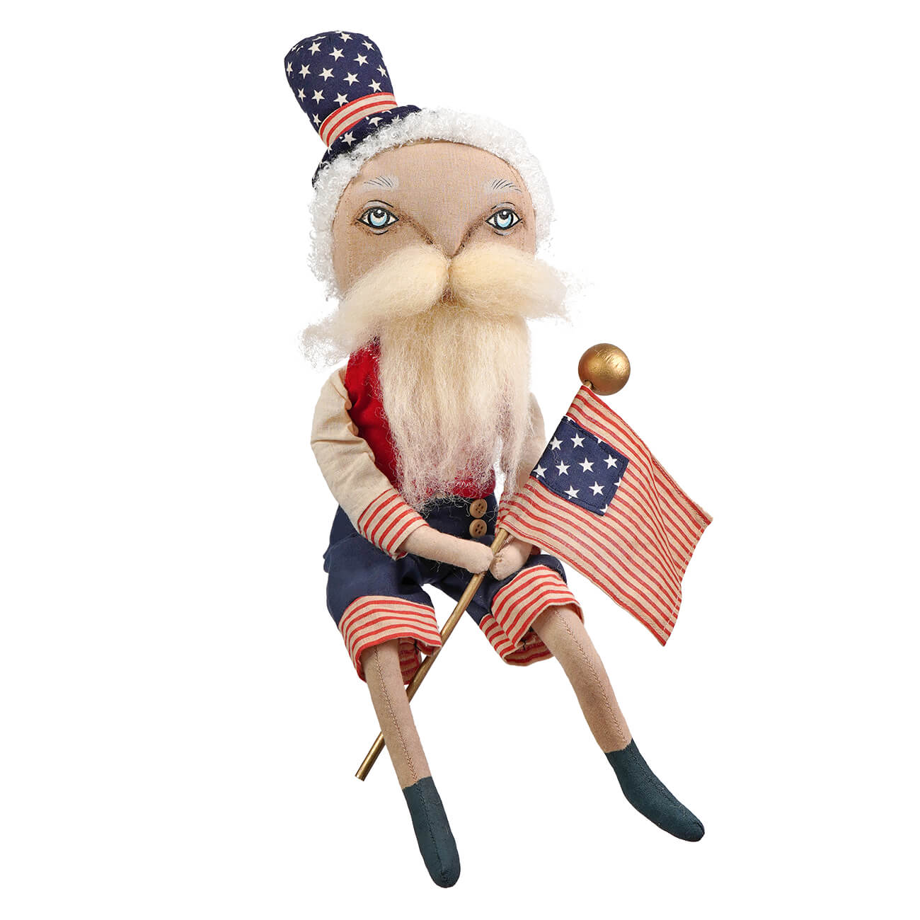 A plush samuel liberty uncle sam doll with white beard blue star hat red white shorts holding american flag