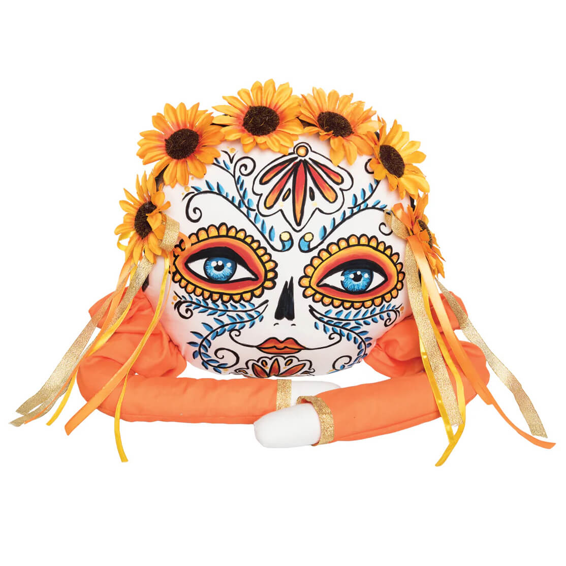 A plush santa ana zombinaland decorative pillow with tracy scheff sugar skull, sunflower details, and orange outfit