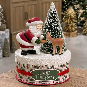Red and white bethany lowe design santa figure feeding a brown christmas reindeer figure on a festive holiday tin