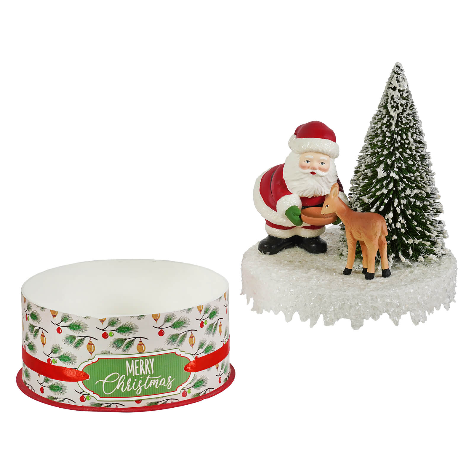 Santa and deer on box featuring red and white santa figure with christmas reindeer figures and frosted pine tree decor