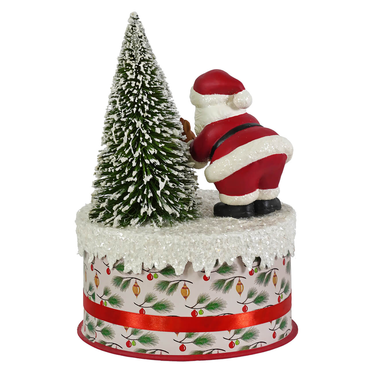 Red and white bethany lowe design santa figure placing snow-dusted tree on festive base in santa and deer on box decor