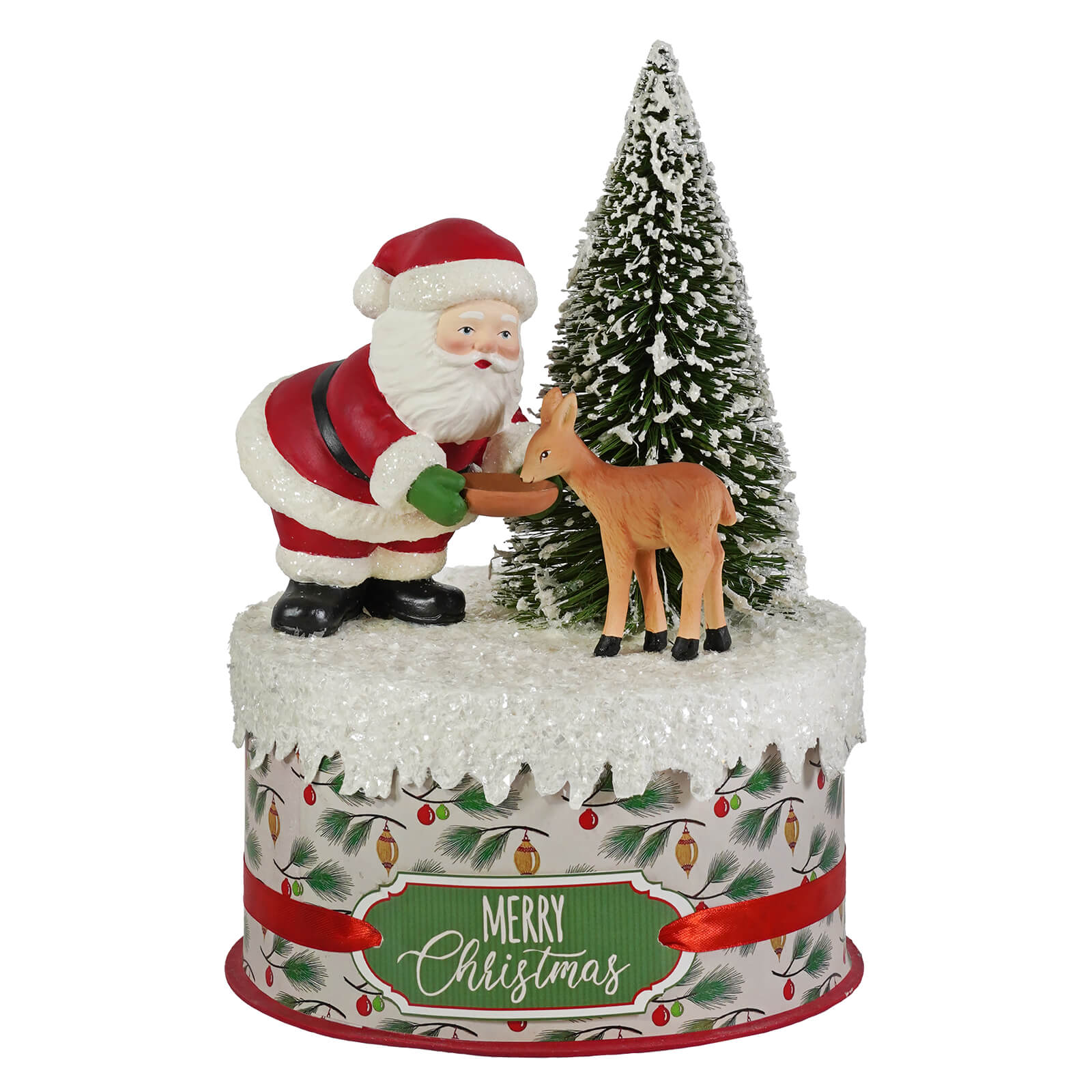 Red and white bethany lowe design santa figure with glitter standing by a frosted pine tree on festive holiday base