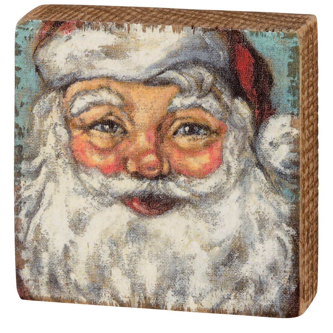 A rustic wooden santa block sign with kathy design featuring a painted santa portrait on teal background