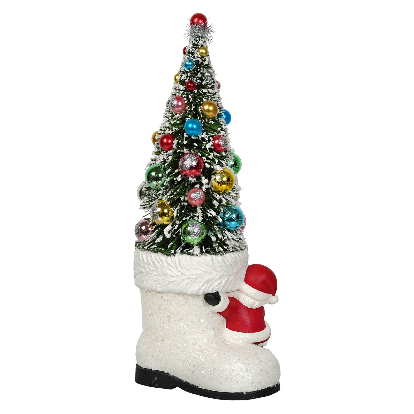 A festive bethany lowe design santa boot with tree ornament in a glittery white boot topped with a red star