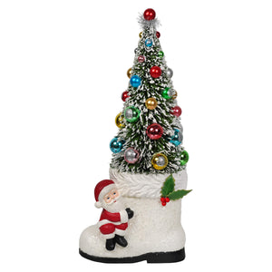 A festive bethany lowe design santa boot with a colorful mini christmas tree and silver tinsel topper collectible santa figures & folk art santas
