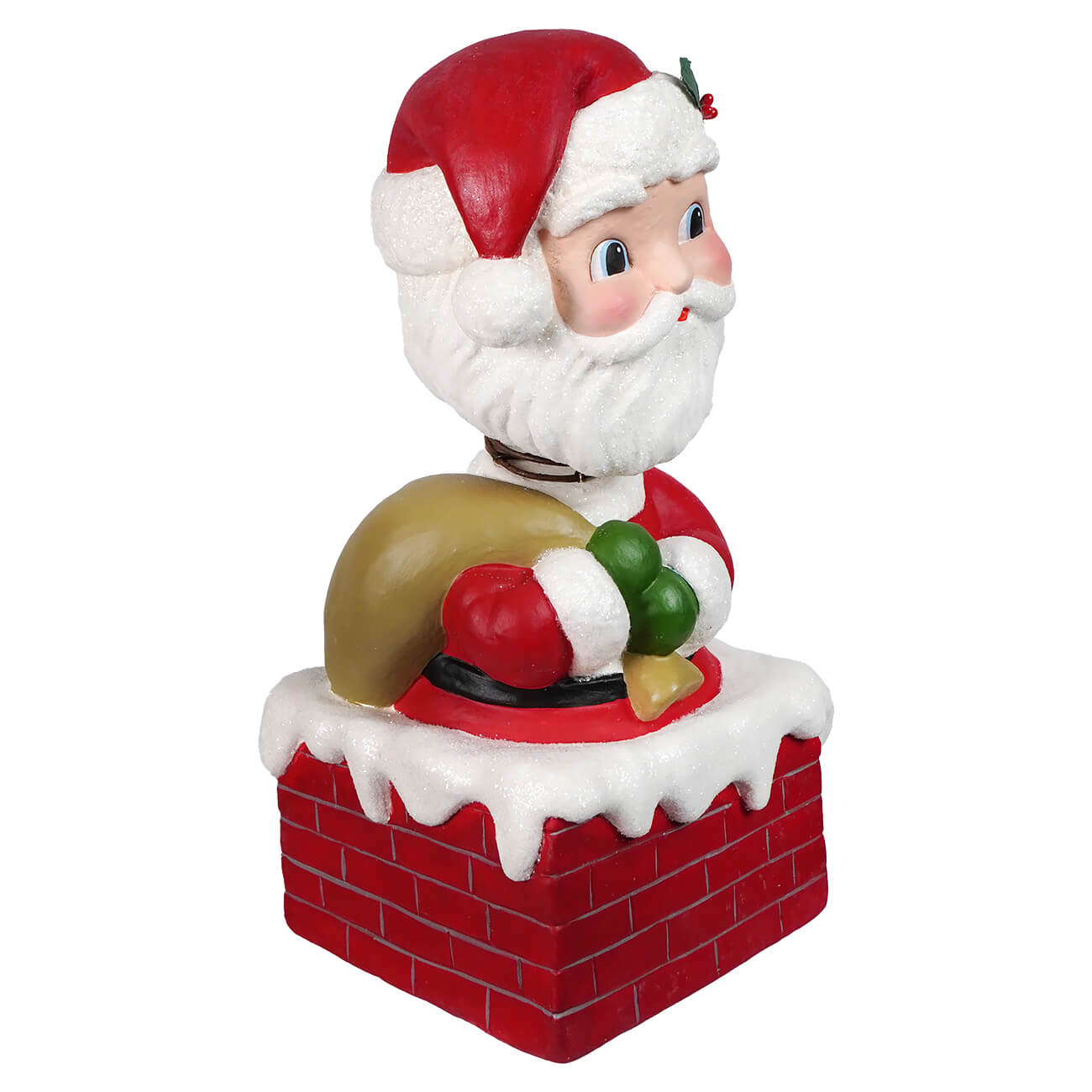 Red and white santa claus bobble head figurine peeking from brick chimney holding green red gift sack by bethany lowe designs