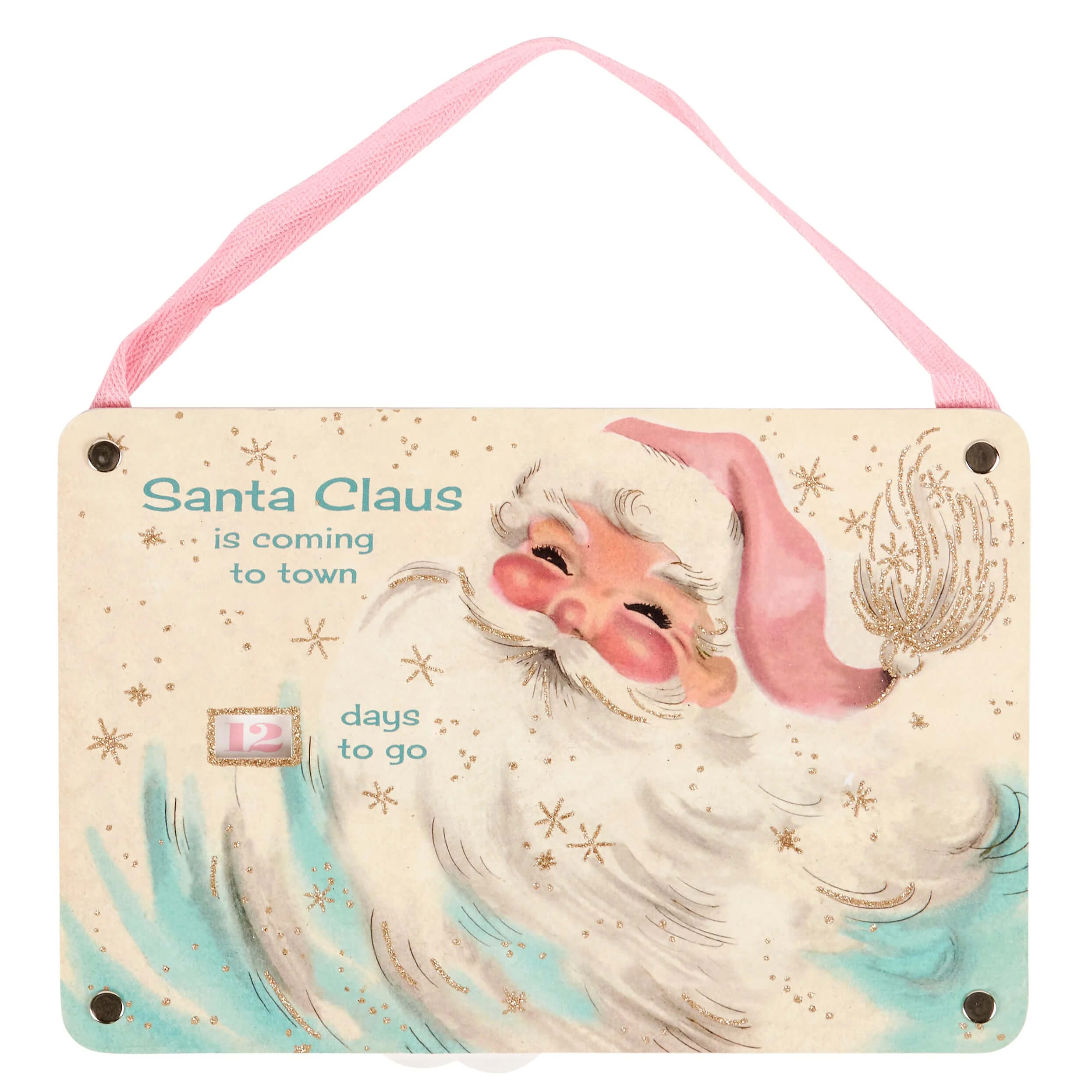 Vintage-style pastel christmas countdown wheel with santa claus is coming to town text and glittery snowflakes hanging decor