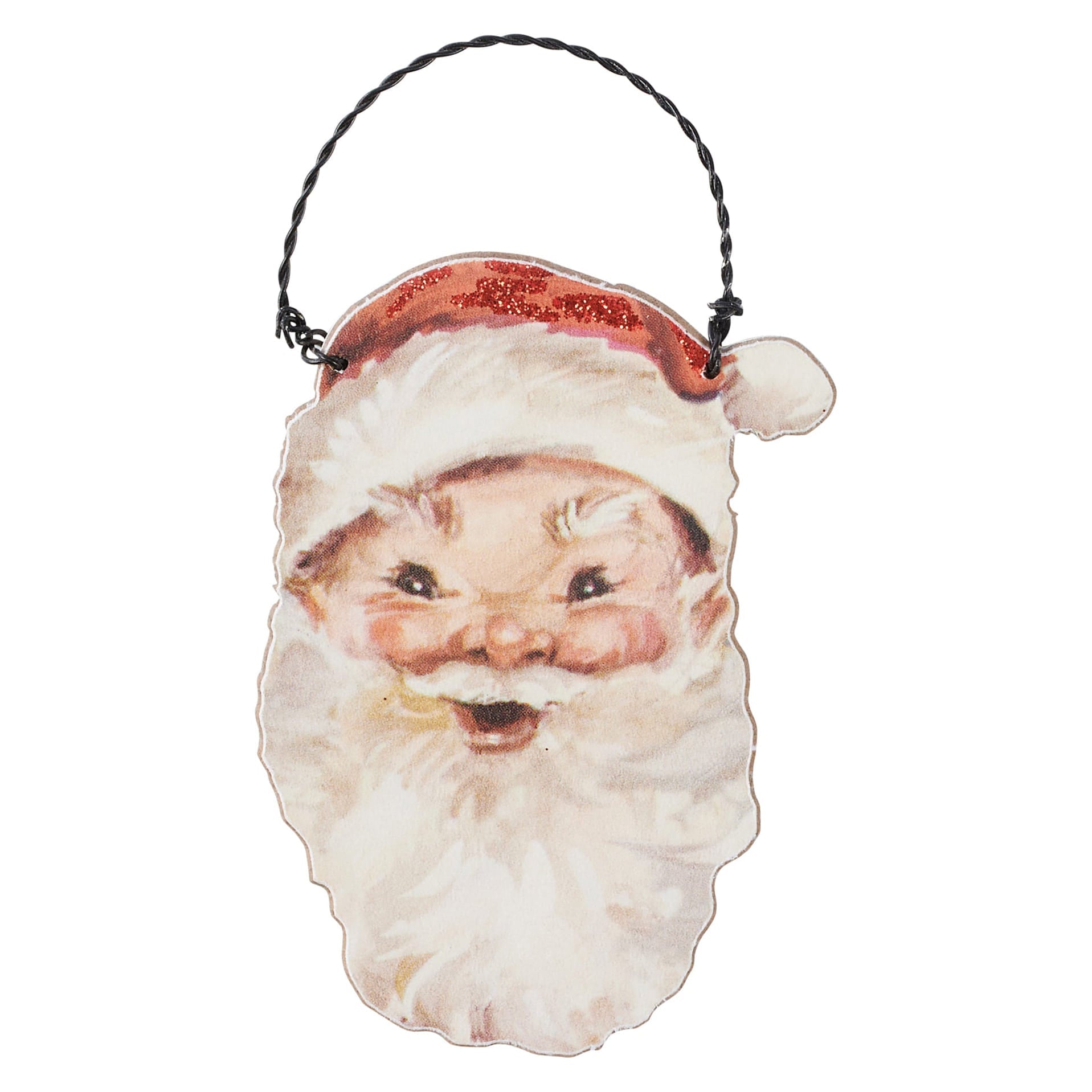 Vintage-style santa ornaments set with red glittery hat and white beard hanging from black twisted wire