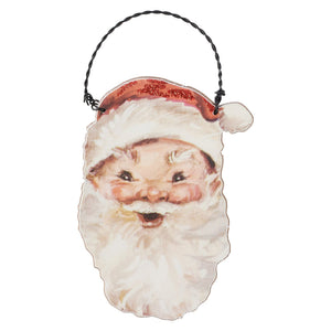 Vintage-style santa ornaments set with red glittery hat and white beard hanging from black twisted wire