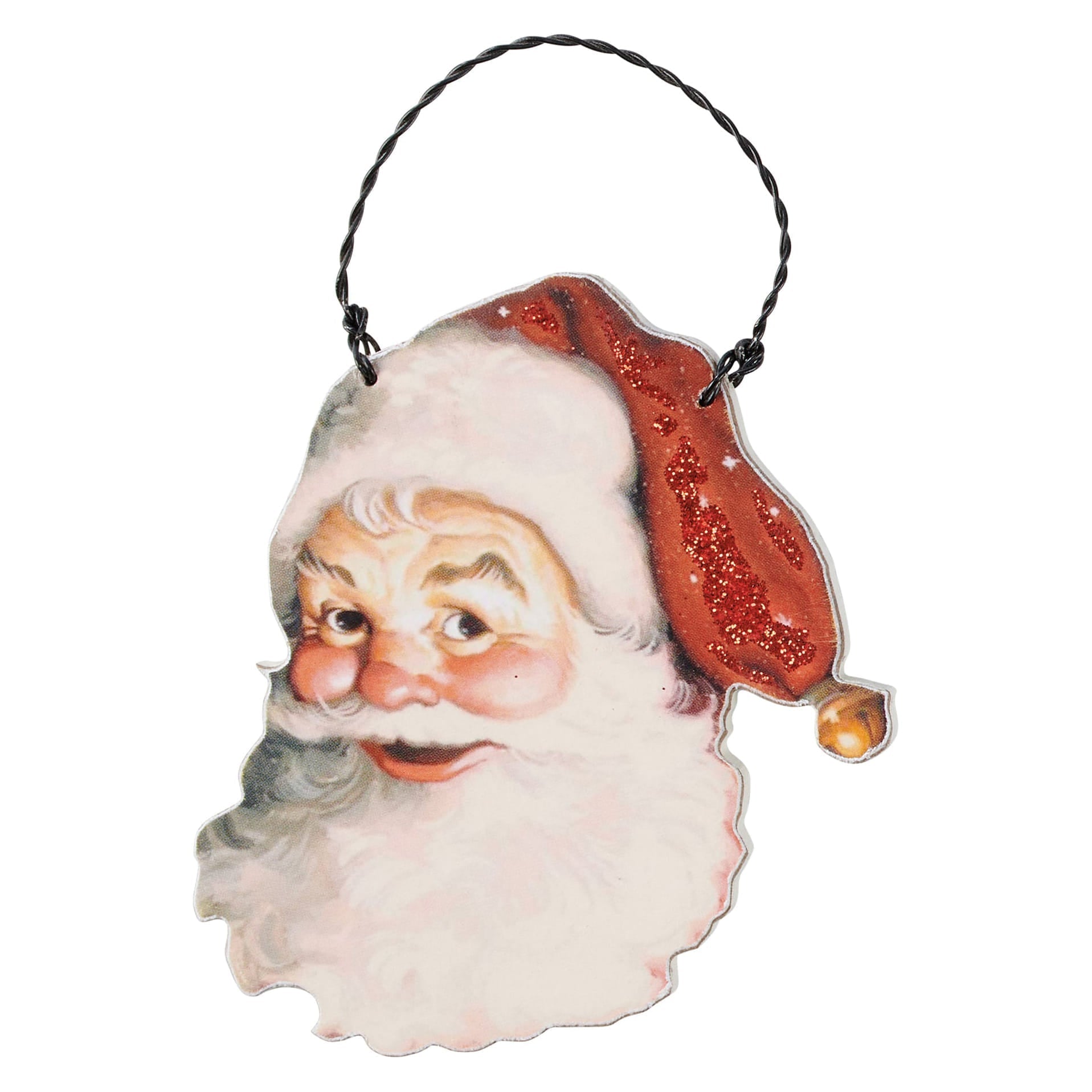 Vintage-style santa ornament with red glittery hat and white beard hanging from black twisted wire from santa ornaments set