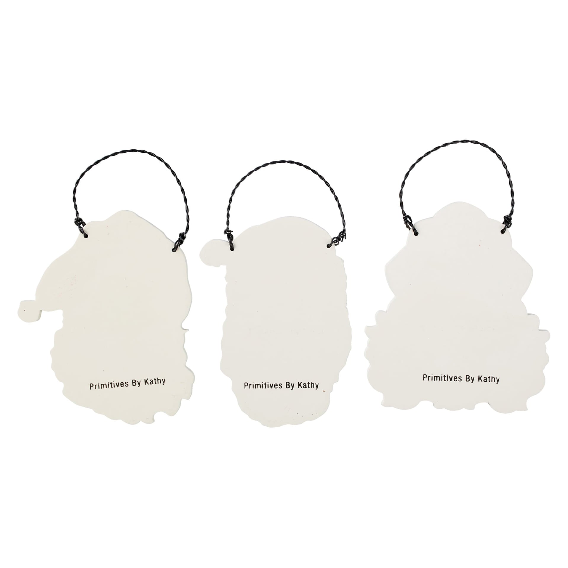 Three white cut-out santa ornaments set with black loops and primitives by kathy branding for scrap santa ornaments