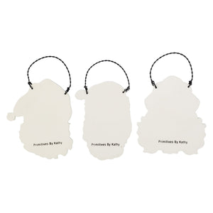 Three white cut-out santa ornaments set with black loops and primitives by kathy branding for scrap santa ornaments