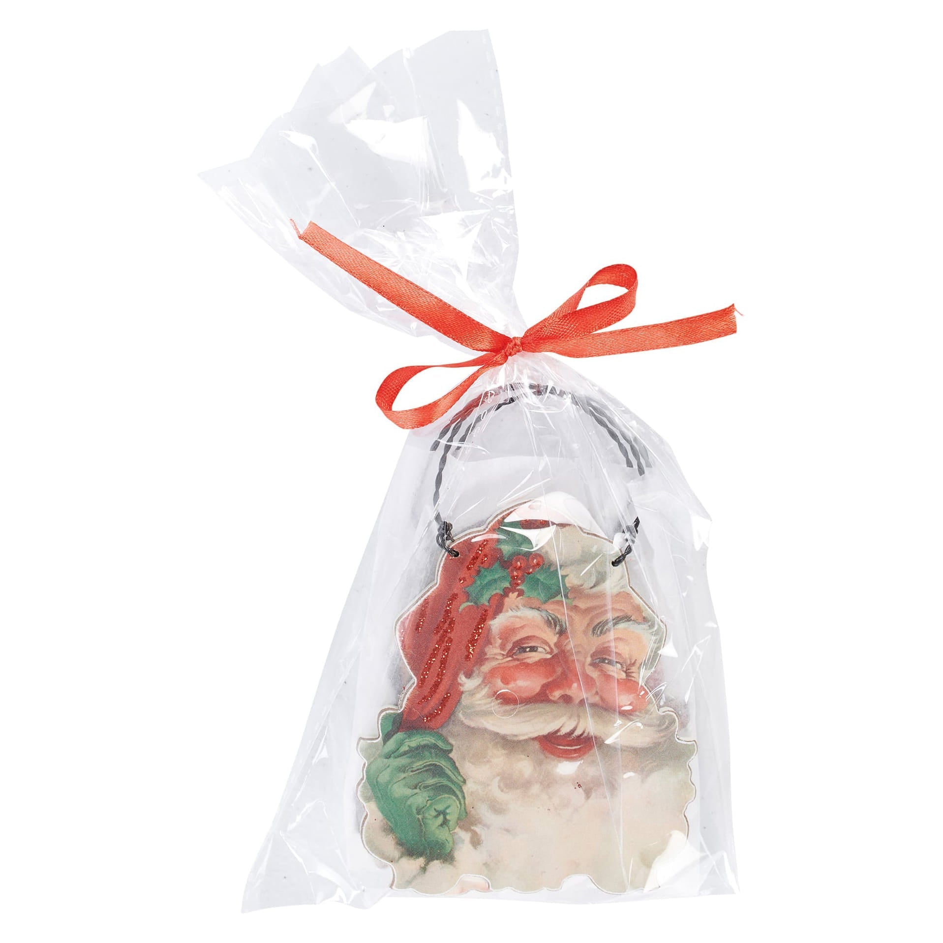 Vintage-style santa ornaments set featuring a red and green holly design with a printed paper face scrap santa ornaments