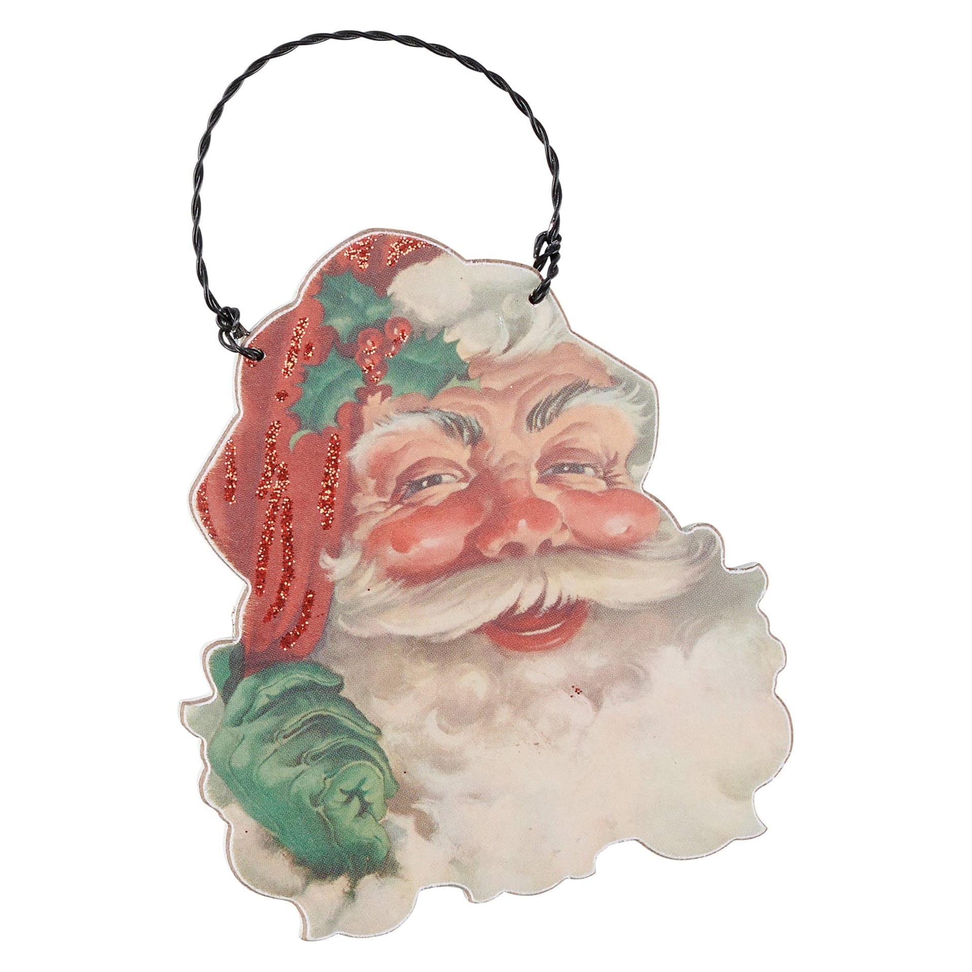 Vintage-style santa ornaments set with a red glittery hat green holly accents and a cheerful paper face scrap santa ornaments