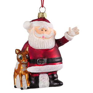 Red and gold glass santa claus ornament with glittery white beard and retro rudolph character golden reindeer beside it