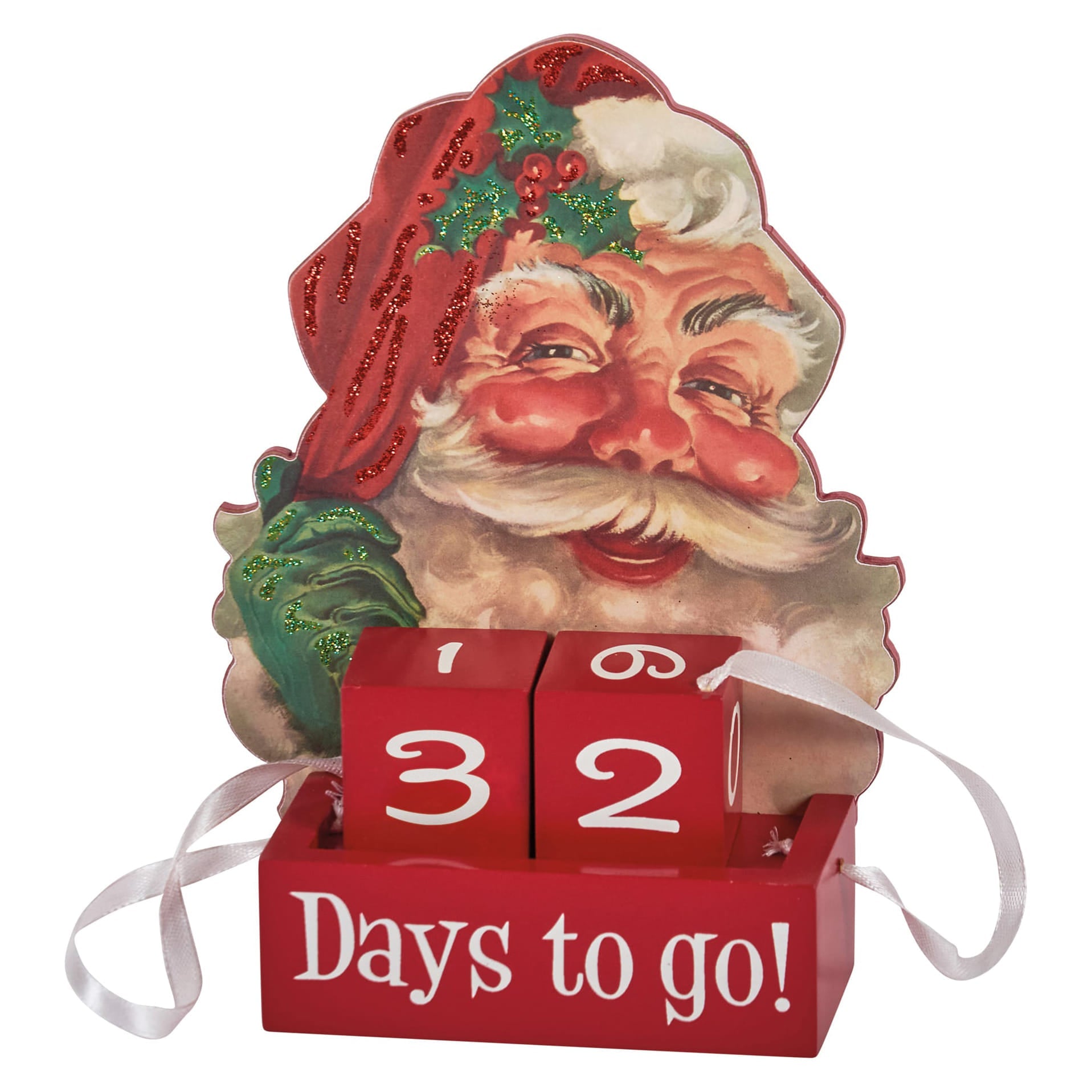 Red wooden santa days to go block countdown with glittery accents and numbered cubes showing 32 days to go with snowman decor