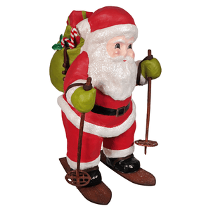Bethany lowe designs santa delivery red and white glittery santa figure on skis with green gloves and candy cane sack