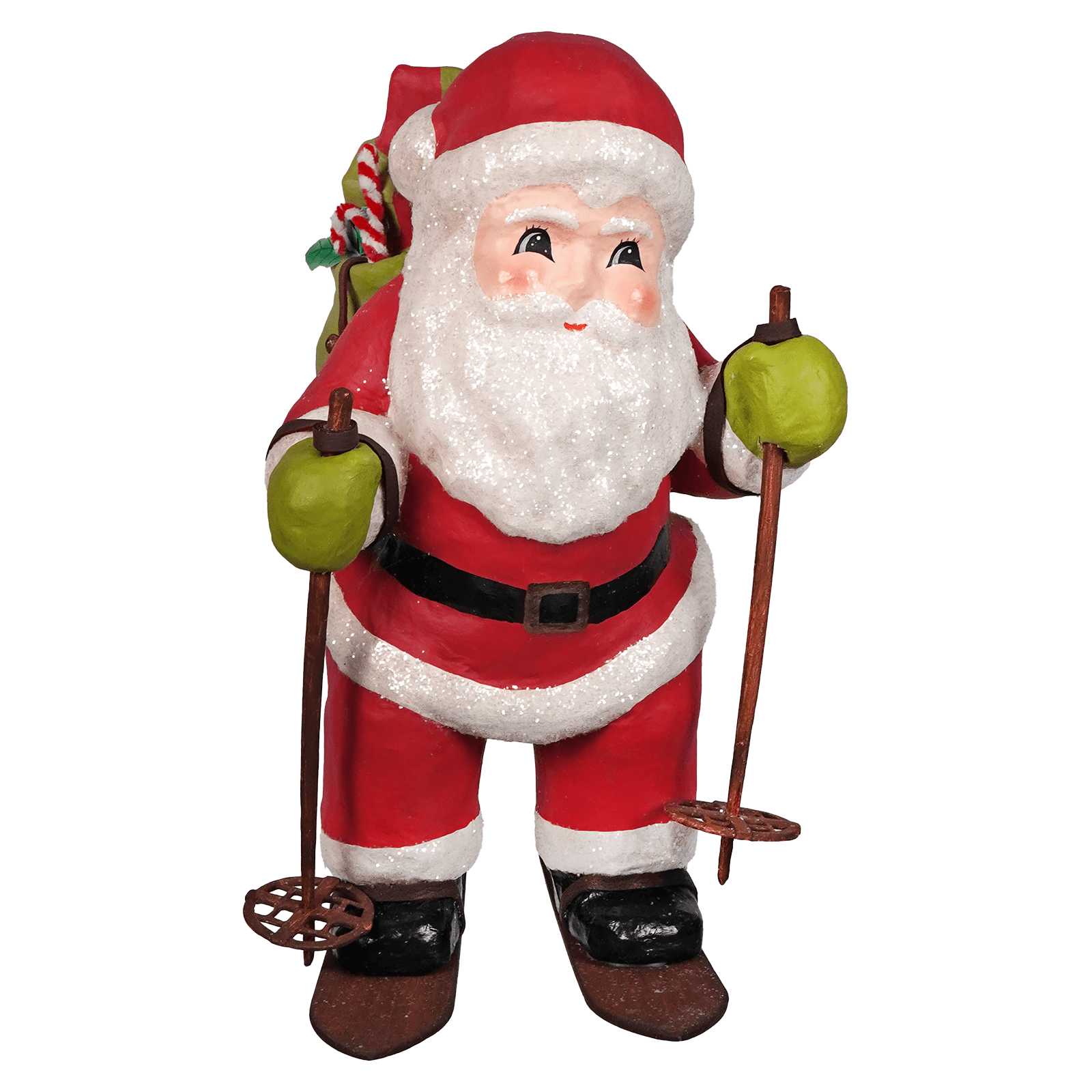 Red and white glittery santa figure holding green apples on skis with black boots santa delivery by bethany lowe designs