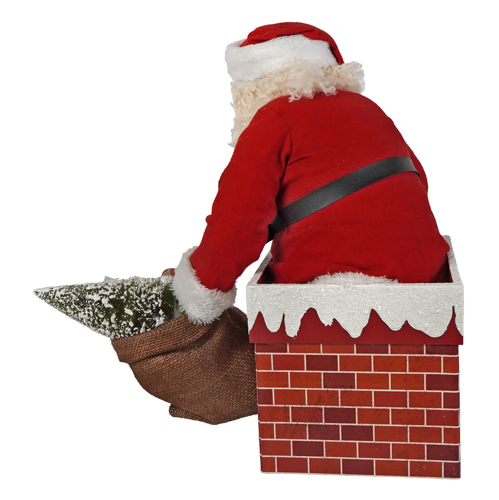 Red santa claus figure with white fur trim and black belt seated in brick chimney box by bethany lowe designs
