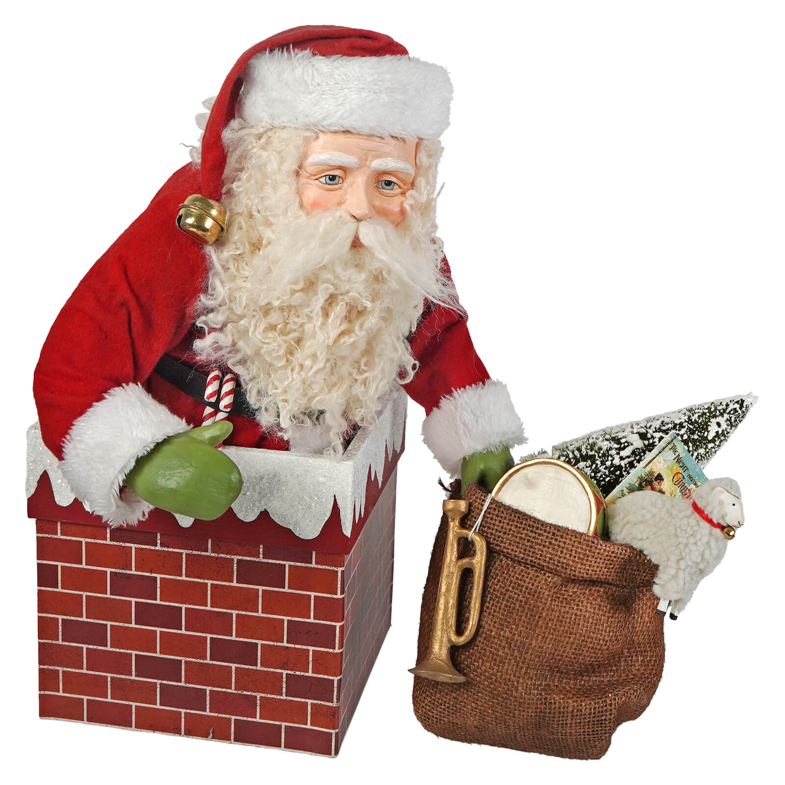 Santa down the chimney figurine by bethany lowe designs with red hat green mittens and burlap sack folk art santas