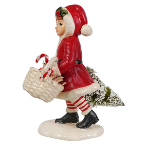 Red santa girl pulling tree figurine by bethany lowe designs with white trim hat coat candy canes and mini tree