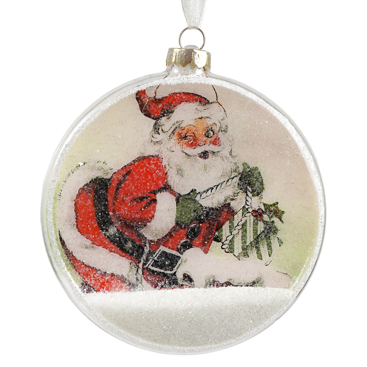 Santa glass disc ornament made of clear glass featuring vintage santa with holly and snowflakes by bethany lowe