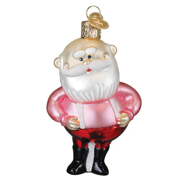 A christmas glass ornament featuring a glass santa claus in pink and red outfit with white beard and black boots