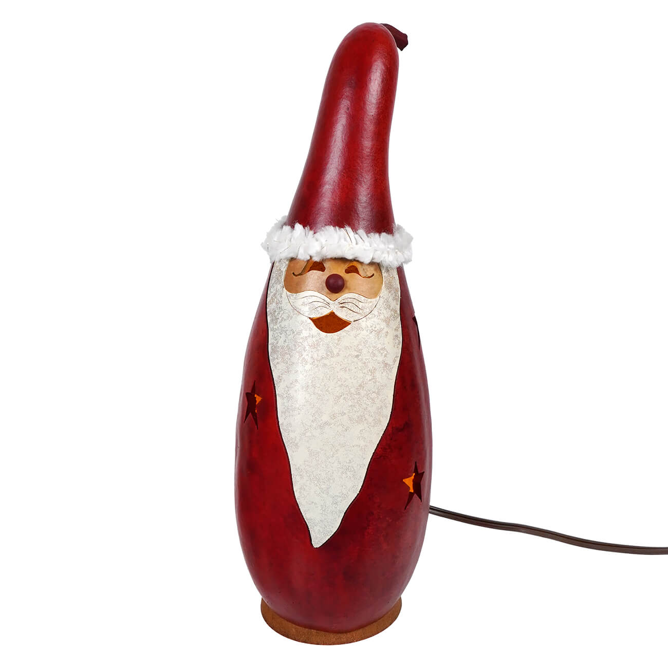 Red santa lighted gourd made from medium tall meadowbrooke gourds with white beard and star cutouts for light