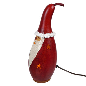 Red lighted santa gourd lamp with white fuzzy trim and orange star cutouts by meadowbrooke gourds