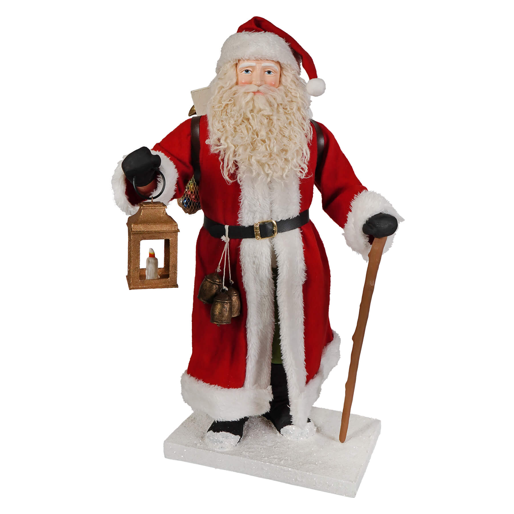 Santa lights the way red and white santa figure with long curly beard holding lantern and walking stick by bethany lowe designs