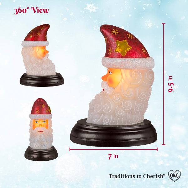Santa moon face light with red and gold star-adorned santa head and frosted beard on dark brown base for christmas lights and decor