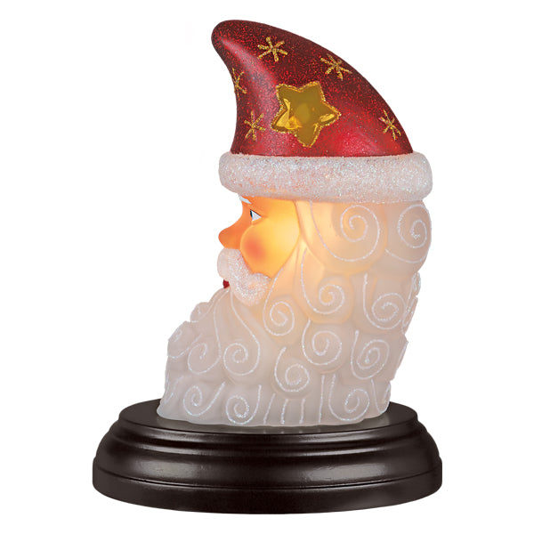 Red and gold santa moon face light with star-adorned head and frosted swirl beard christmas lights & decor