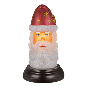 Santa moon face light featuring a red and gold glittery santa head with a swirling translucent beard on a dark base, a perfect christmas lighted glass decor